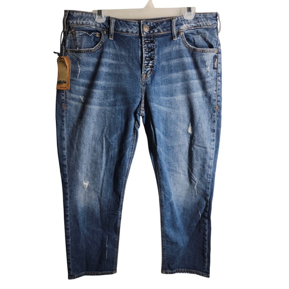 Silver Jeans Co Denim - Silver Jeans Co Avery Slim Crop Indigo Distressed Button Fly Jeans‎ W34 L25